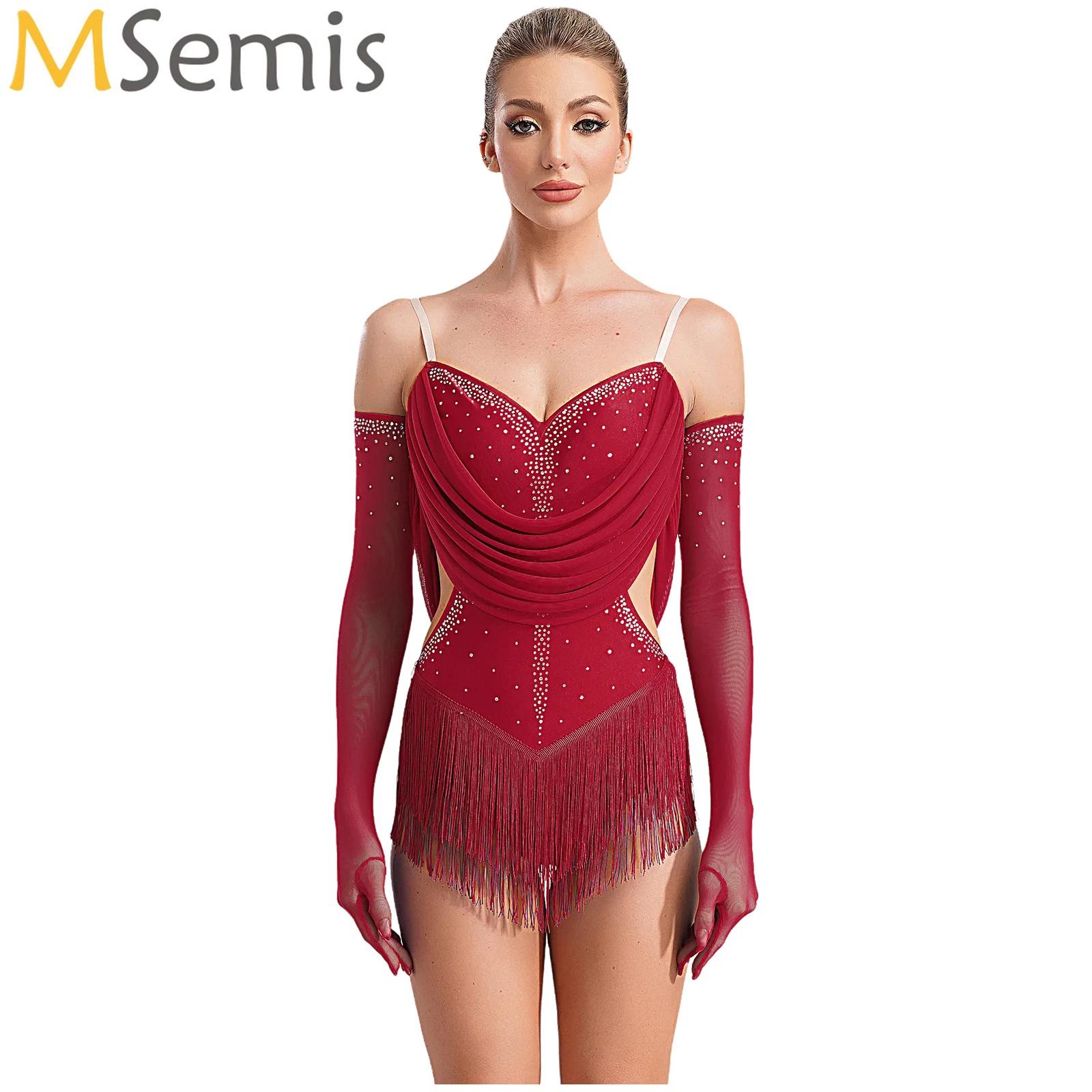 Rhinestone Banding Trim - Kobiety Ruched Mesh Tassel Latin Dance