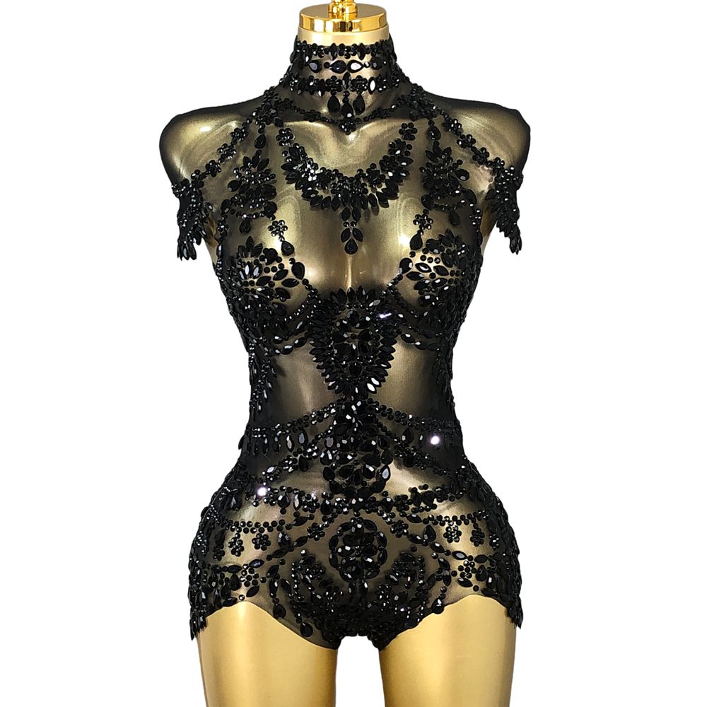 Rhinestone Banding Trim - Błyszczący kombinezon z dżetami, damski, seksowny,